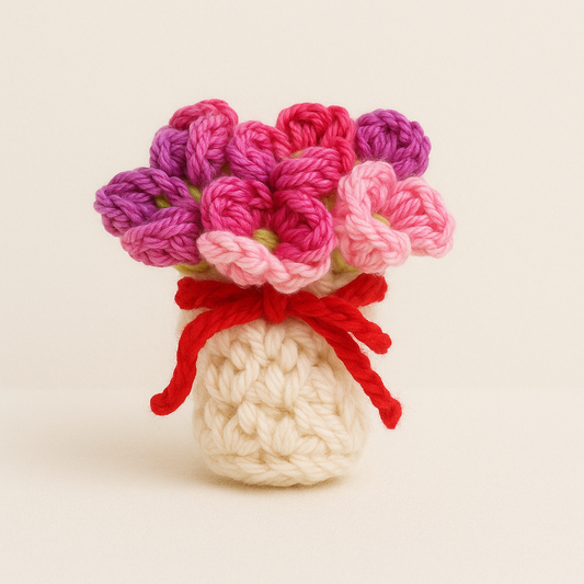 Handmade Mini Crochet Flower Bouquet in Yarn Vase – Pink & Red Floral – Amigurumi Soft Plush flower vase best for Gift  & Home Decor