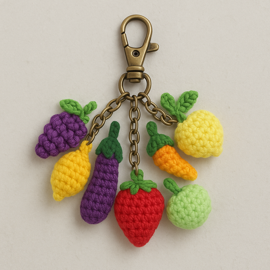 Handmade Crochet Fruit Keychain – Colorful Amigurumi Charm with Grapes, Strawberry, Corn & Banana – Cute Gift for Foodies & Fruit Lovers