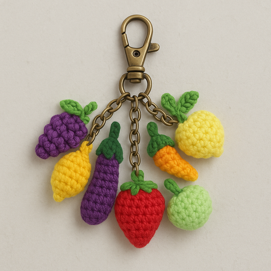 Handmade Crochet Fruit Keychain – Colorful Amigurumi Charm with Grapes, Strawberry, Corn & Banana – Cute Gift for Foodies & Fruit Lovers